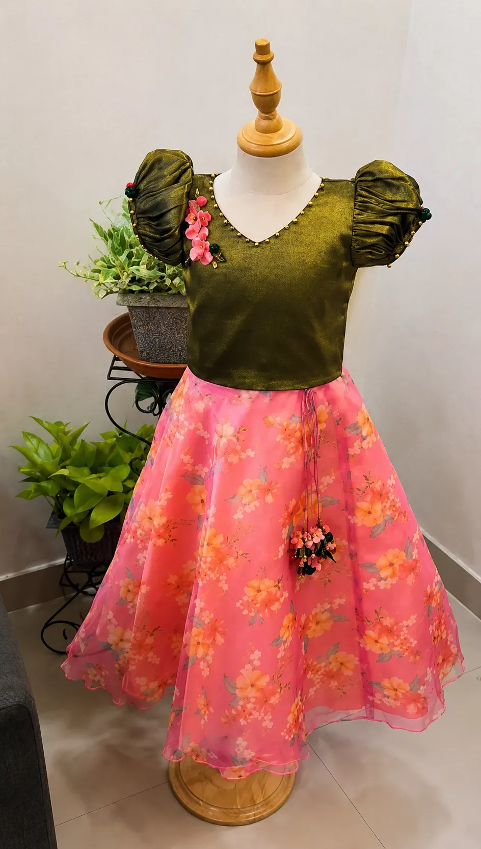 Green Top and Peach Skirt
